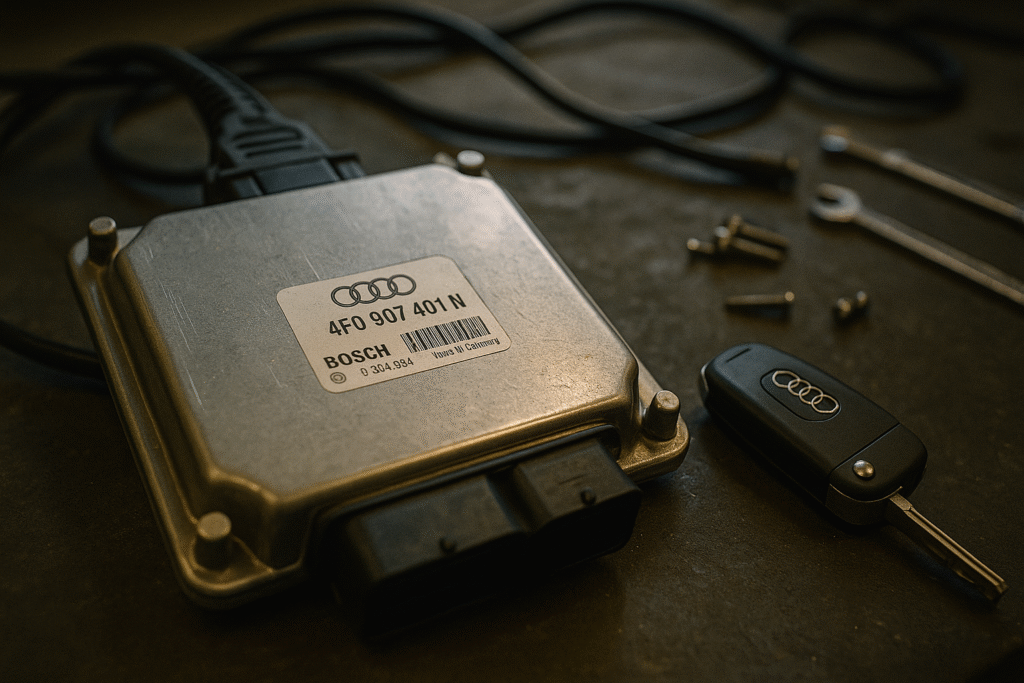 Audi ECU unit and car key placed