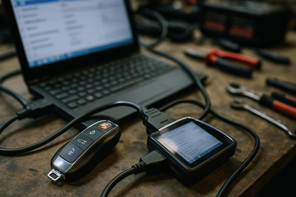 Porsche car key being programmed on a messy workbench